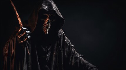 Fototapeta na wymiar Grim Reaper Reaching Towards the Camera Over Dark Background, generative AI