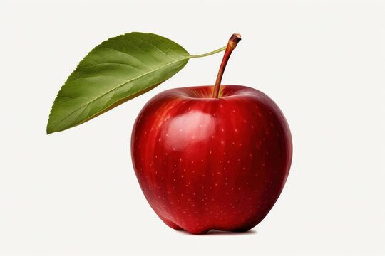 Vibrant Red Apple with Lustrous Shine, Green Leaf, and Distinctive Stem - Realistic Fruit Image on White Background - Generative AI