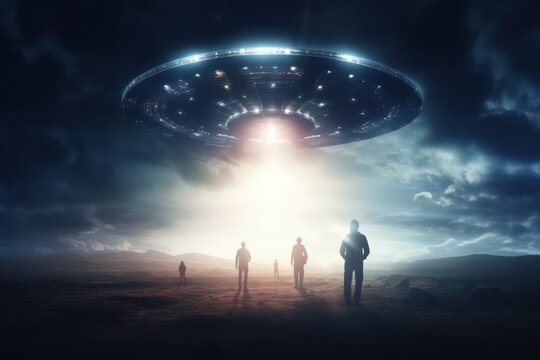 Night photo of UFO - alien spaceship at night. Several people are fascinated looking at the UFO.