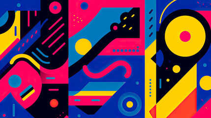 Colorful 90s art collage with bold abstract shapes and colors. For wall art, covers, interior decoration, and backgrounds.