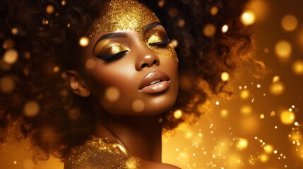beautiful young african american woman in gold glitter, advertising product design concept background