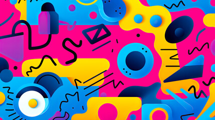 Fototapeta premium Colorful 90s art collage with bold abstract shapes and colors. For wall art, covers, interior decoration, and backgrounds.