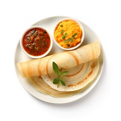 a plate with dosa and chutney isolated on white background