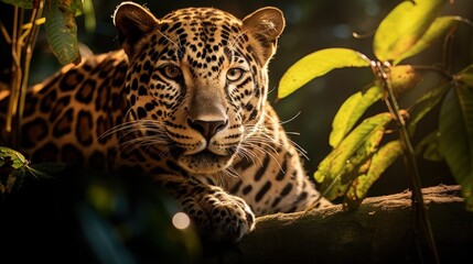 Close up portrait of a jaguar in the tropical jungle