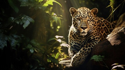 Close up portrait of a lying jaguar in the tropical jungle