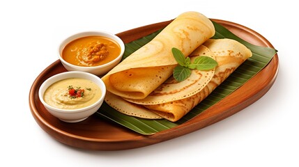 masala dosa served with sambhar and coconut chutney on banana leaf isolated on white background