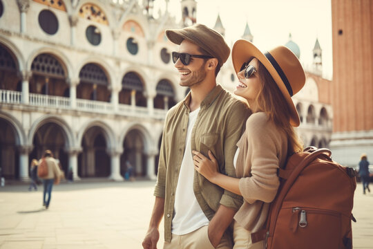 Travel, vacation, romance concept. Young couple traveling and walking in Venice, Italy. Gondolas, canals, old town in background. Sunset summer. Generative AI