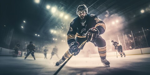 Naklejka premium Hockey. Professional hockey player swings his stick. Hockey players wear helmets and gloves on the field.