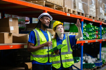 Group worker warehouse working brainstorm checklist product to shelf in warehouse store. Logistics...