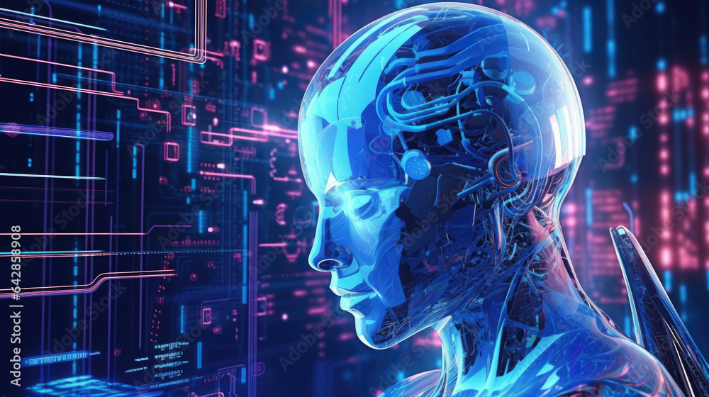 Wall mural humanoid robot woman network connection. abstract head graph of a person with of artificial intellig
