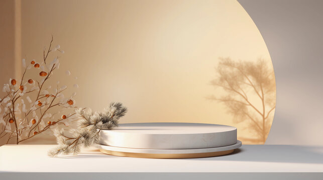 3D podium display and pine tree, Christmas lights background with snow and 3D modern pedestal design for product showcase presentation, studio lighting, AI generated.