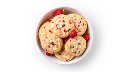 White Chocolate Strawberry Cookies in a bowl isolated on white background top view