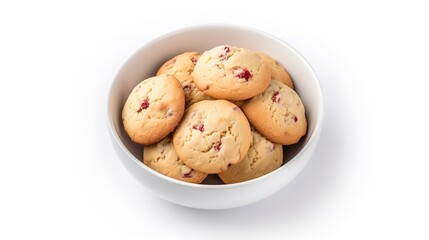 White Chocolate Strawberry Cookies in a bowl isolated on white background top view
