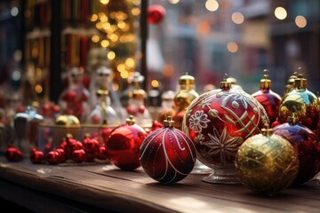 European Christmas markets, buying Christmas balls from market - obrazy, fototapety, plakaty