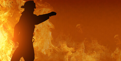 Firefighter silhouette on fire background. First responders. USA national holiday.