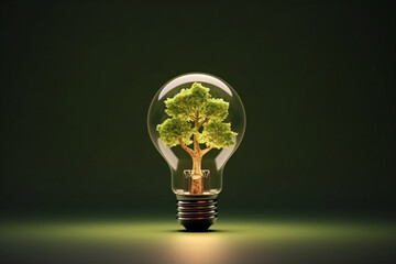 Green tree inside a lightbulb on dark background with copy space