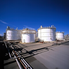Oil or Fuel storage tanks at a refinery. Concept of the oil industry and energy sector.  Shallow field of view.