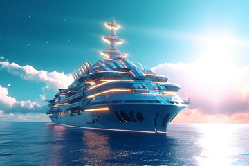 Big Cruise ship in the sea at sunset. 3D illustration. - obrazy, fototapety, plakaty