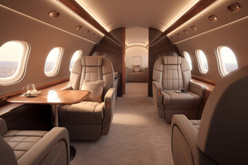 Interior of a private jet with seats and tables. 3d rendering