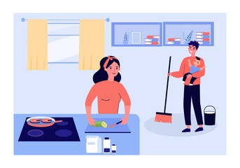 Multitasking parents with baby vector illustration. Happy woman cooking meal at kitchen while husband with broom cleaning house and playing with child. Home life, child care, parenting concept