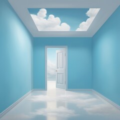 A bright hallway with a skylight, white plaster walls, and a sturdy wooden door leading to an unknown world of possibilities, inviting the viewer to explore beyond the ceiling of clouds