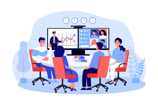 Video conference between business teams vector illustration. Cartoon drawing of office workers discussing statistics during virtual meeting. Technology, communication, teamwork concept