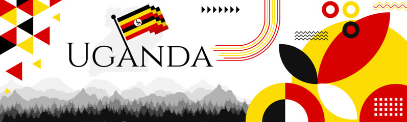 The Uganda Independence Day abstract banner design with flag and map. Flag color theme geometric pattern retro modern Illustration design. Red, yellow and black color template. - obrazy, fototapety, plakaty