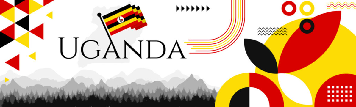 The Uganda Independence Day abstract banner design with flag and map. Flag color theme geometric pattern retro modern Illustration design. Red, yellow and black color template.