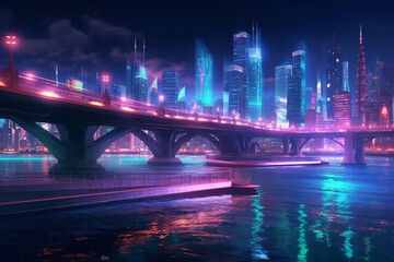 Night view of the Brooklyn Bridge, New York City, USA. neon