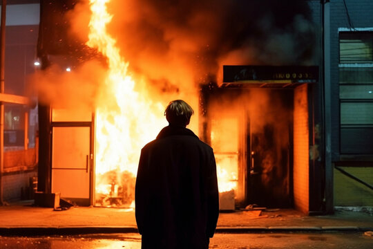 Back view of silhouette of man standing in front of burning building. Arson concetp