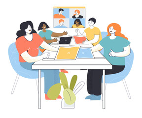 Group of workers talking to colleagues via laptops at table. Video conference or virtual meeting of employees, coworkers or students vector illustration. Technology, communication, teamwork concept