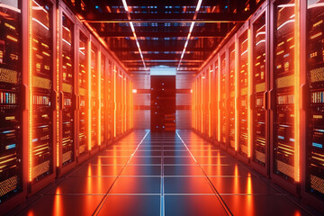 Server room data center. 3d rendering toned image double exposure