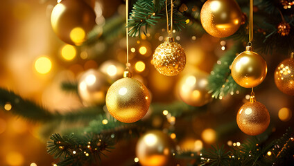 Close up of golden balls on christmas tree. Bokeh garlands in the background. New Year concept.