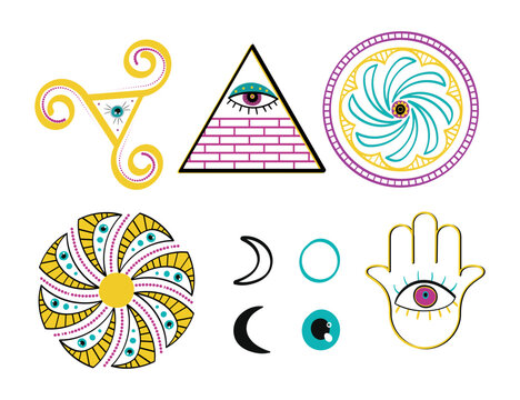Esoteric, cryptic or spiritual elements vector illustrations set. Collection of drawings of Hamsa hand with evil eye, triskele, illuminati triangle, mandalas. Magic, Halloween, spirituality concept