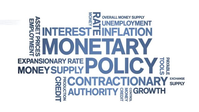 Monetary Policy animated tag word cloud;text design animation kinetic typography seamless loop.