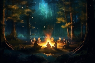 Group of people sitting near bonfire in the forest, vector illustration