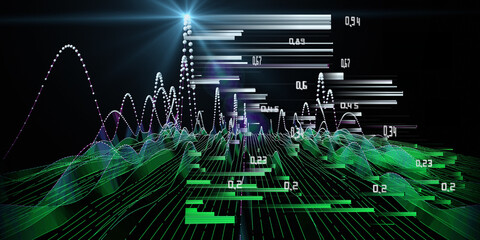 Abstract background graph  wavy grid with spheres and lighr on black.  Technology wireframe interlacement concept in virtual space. Big Data. Banner for business, science and technology 