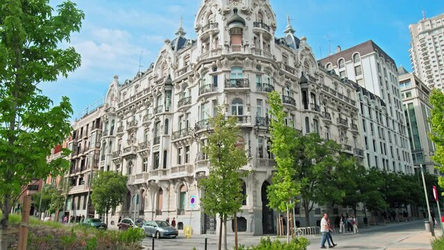 Beautiful architecture of the Spanish building in the centre of Madrid City. A historical building in Madrid in Spain, Europe
