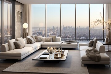 Sleek and Minimalist Penthouse Living Room with Panoramic City View - Modern Interior Photography - Generative AI