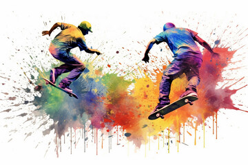 Skateboarders in motion on watercolor splashes background.