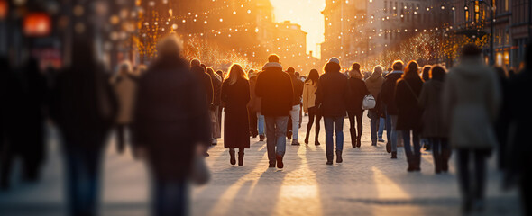 Blurred crowd of unrecognizable at the street at sunset. crowd of people in a shopping street