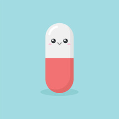 Cute character pills icon in flat style. Happy tablet vector illustration on isolated background. Medical drug sign business concept.