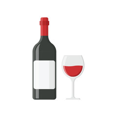 Wine bottle with glass icon in flat style. Alcohol drink vector illustration on isolated background. Champagne beverage sign business concept.