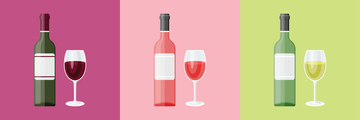 Wine bottles with glasses icon in flat style. Alcohol drink vector illustration on isolated background. Champagne beverage sign business concept.