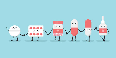 Cute character pills icon in flat style. Happy tablet vector illustration on isolated background. Medical drug sign business concept.