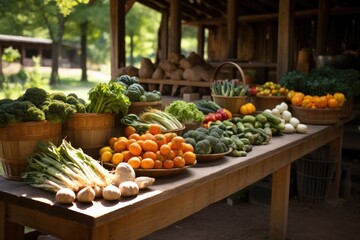 Generative ai of farm fresh organic vegetables for sale on a wooden table in the countryside.