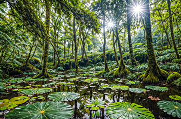 Obraz premium Serenity in Nature: Lily Pad Haven by the Waterfall