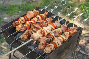 Grilled pieces of meat on skewers, shish kebab with vegetables, cooking process on fire, on brazier. Roasted marinated meat cooked at barbecue, picnic in summer day.