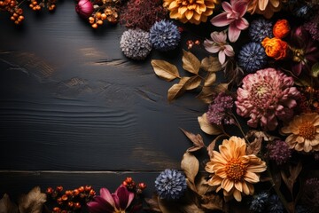 Wooden Board with Dried Flowers and Leaves, Copy Space