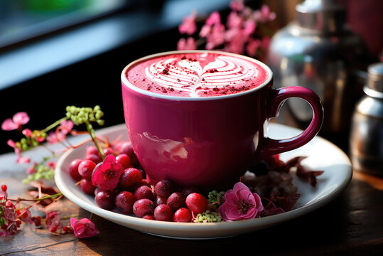 Beetroot latte in a mug on the table